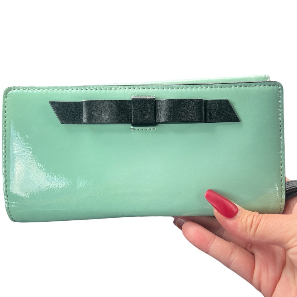 Kate Spade Patent Leather Long Zip Wallet Mint  Green With Black Bow
